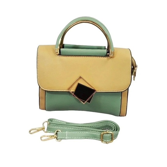 Green and Tan Two-Tone Cross Body Purse With Golden Accents, Adjustable Strap - Picture 1 of 8